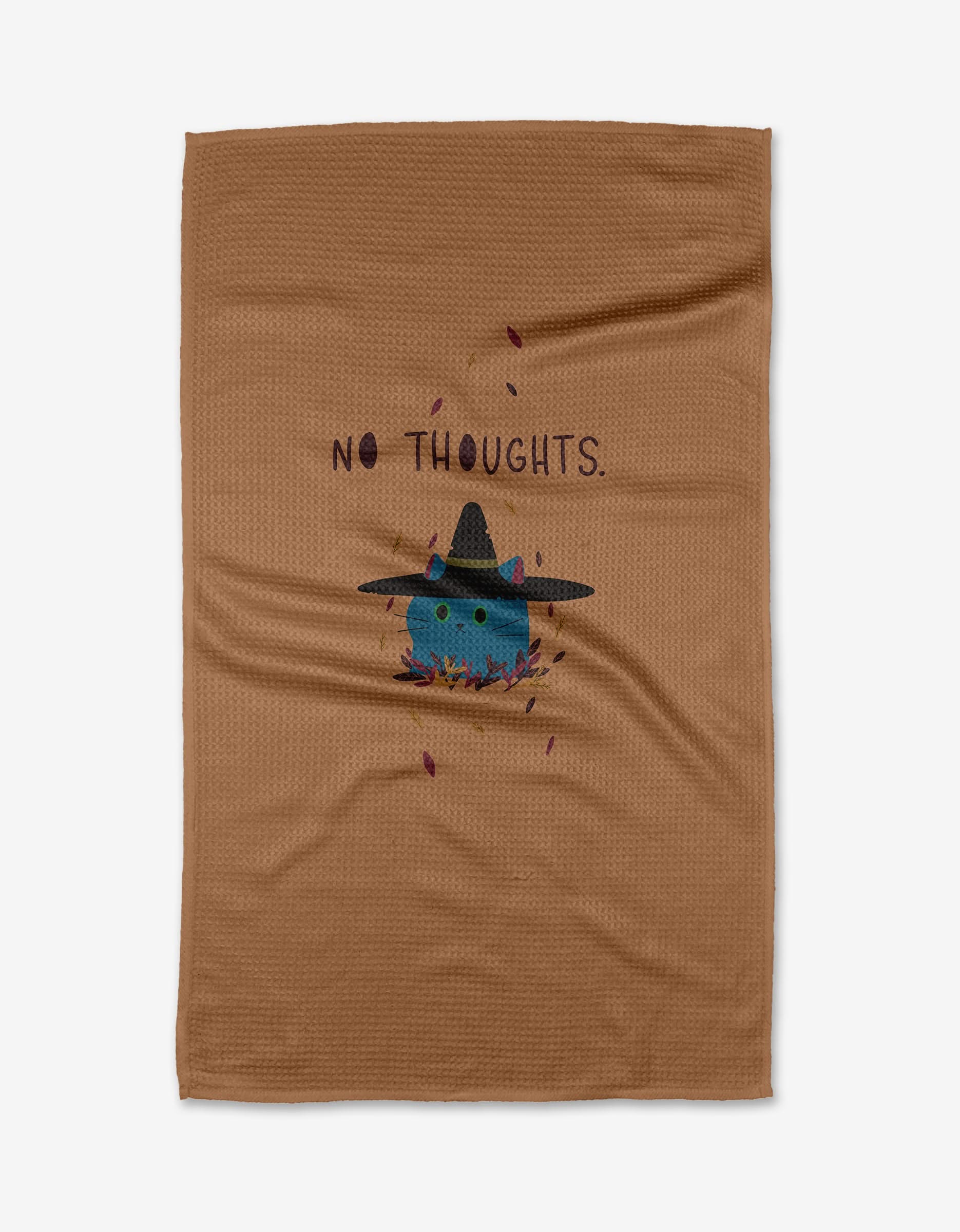 The No Thoughts, Just Fall recycled kitchen towel by Allison Olivia Moon shows a cute blue creature in a black wide-brim hat among red leaves, with NO THOUGHTS. printed above.