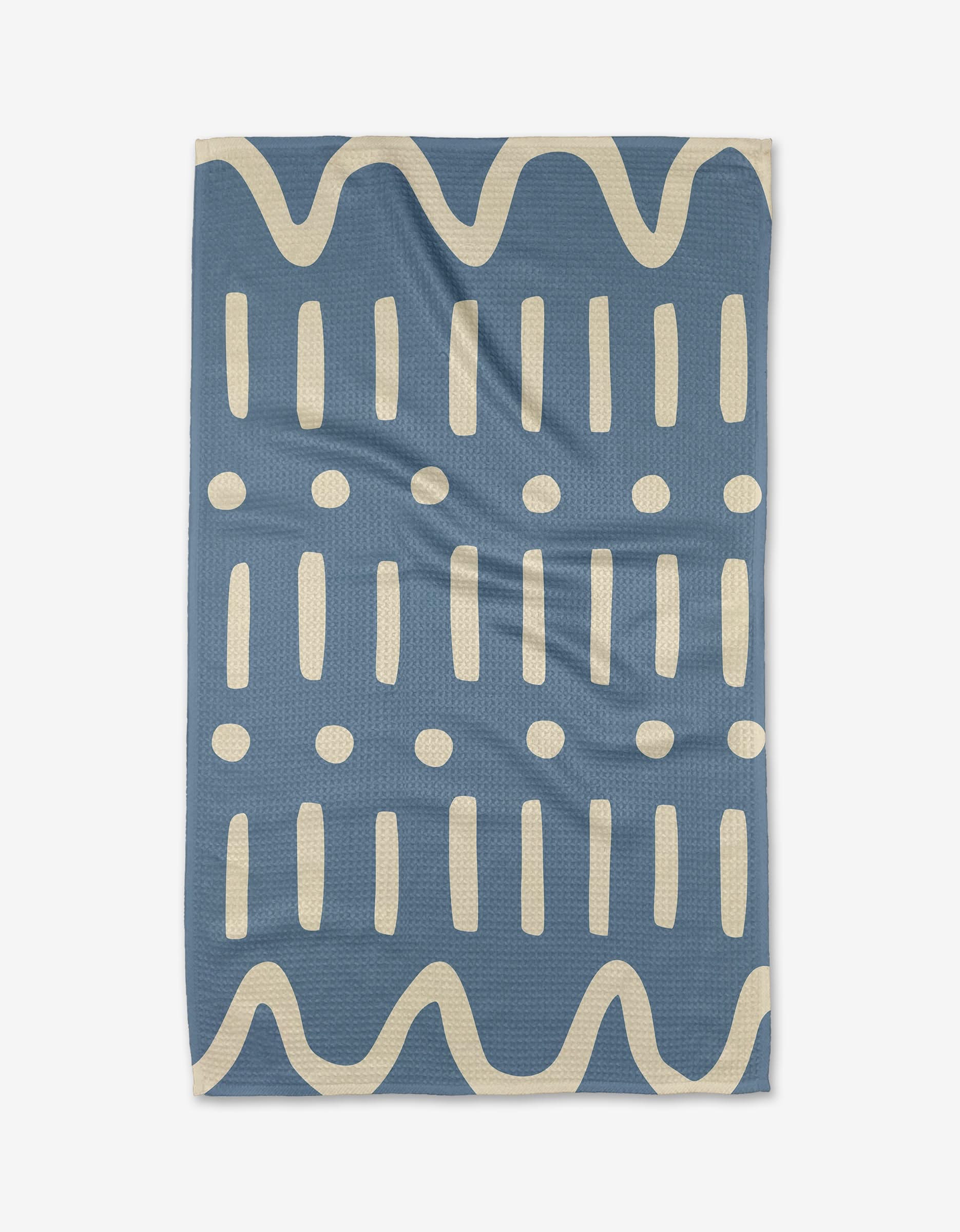 Ocean Tide by Elizabeth Edwards is a blue rectangular blanket crafted from ultra-absorbent Geoweave™ fabric, featuring an abstract cream pattern with wavy lines on the edges and vertical oval shapes in the center.