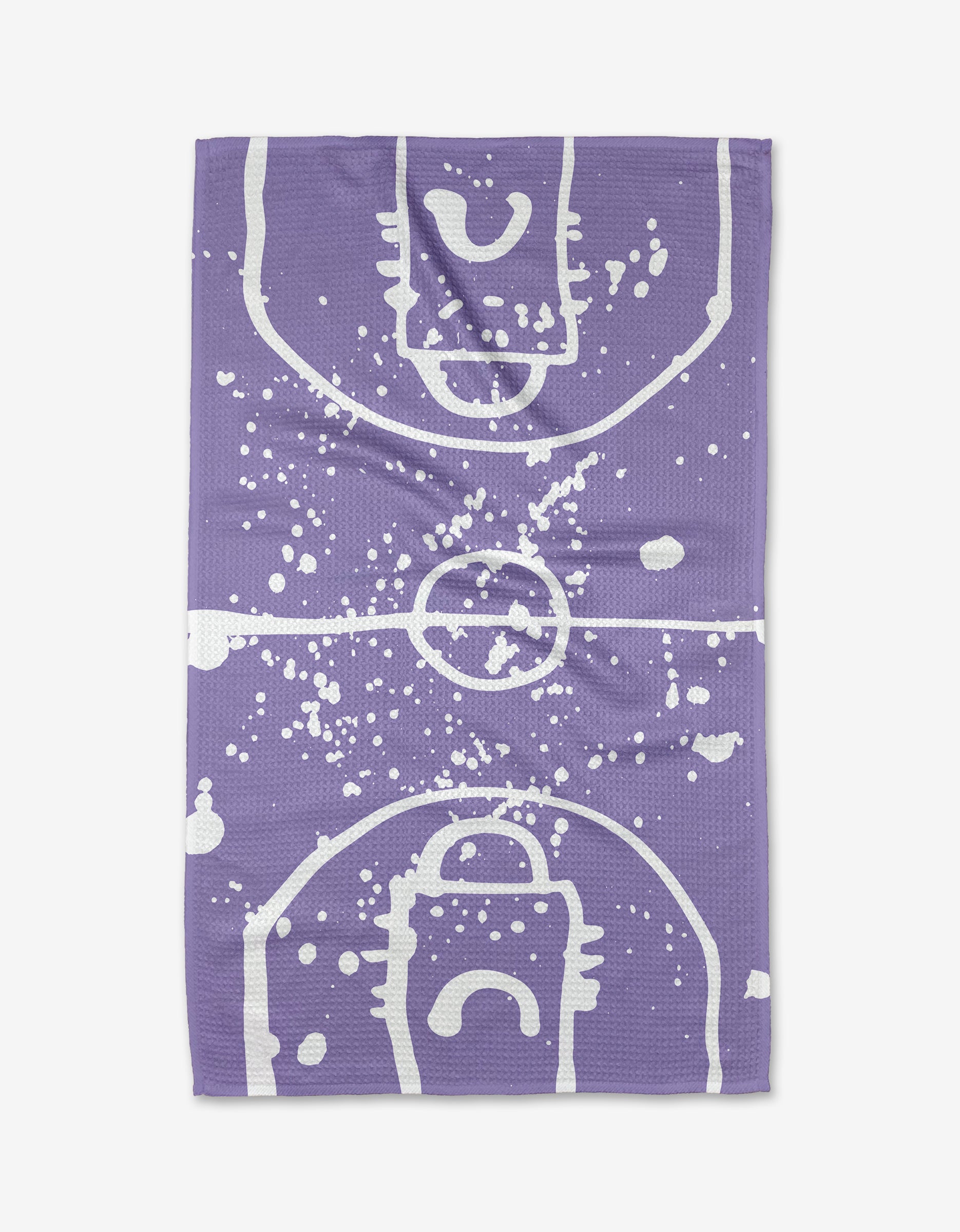 A purple, ultra-absorbent Sissy Moon Tea Towel called Parquet, featuring a white, abstract basketball court design with paint splatter details.