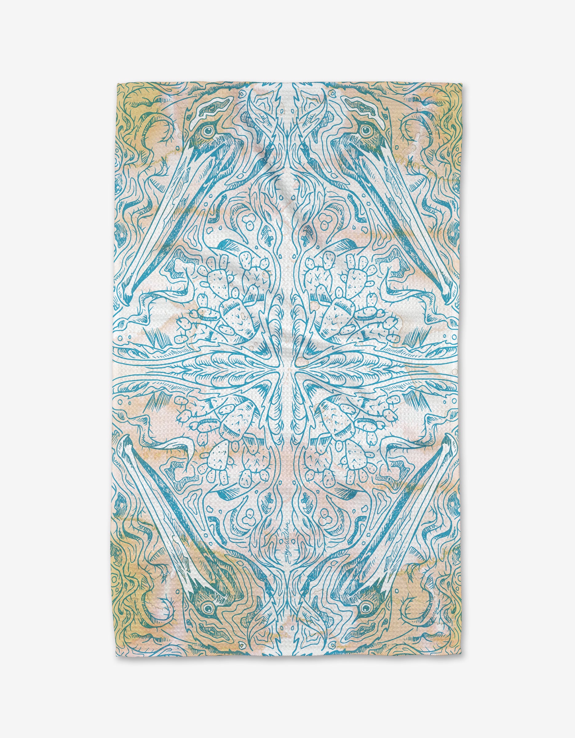 The Pelican by Skye Walker is a rectangular textile made from ultra-absorbent Geoweave fabric, displaying a symmetrical abstract design in turquoise, white, and tan with mirrored leaf and wave-inspired patterns.
