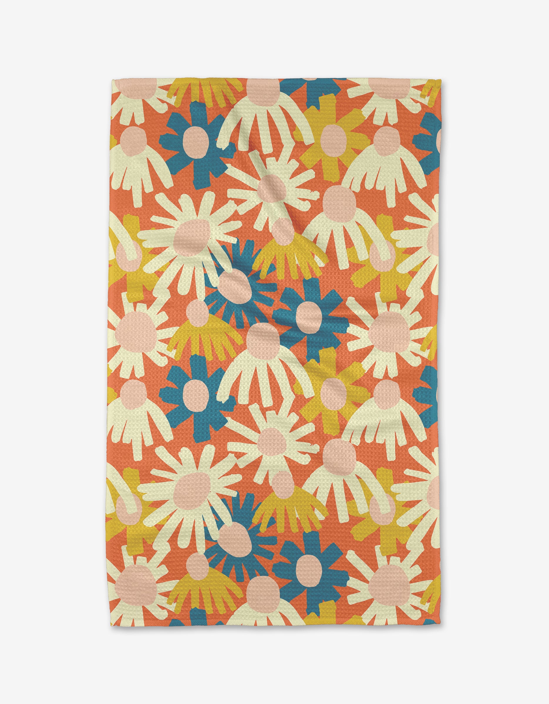 The Posy rug by Kelsey Weigl is a rectangular, eco-friendly piece with vibrant daisy patterns—white, yellow, and blue flowers with pink centers on an orange background—uniting style and sustainability.