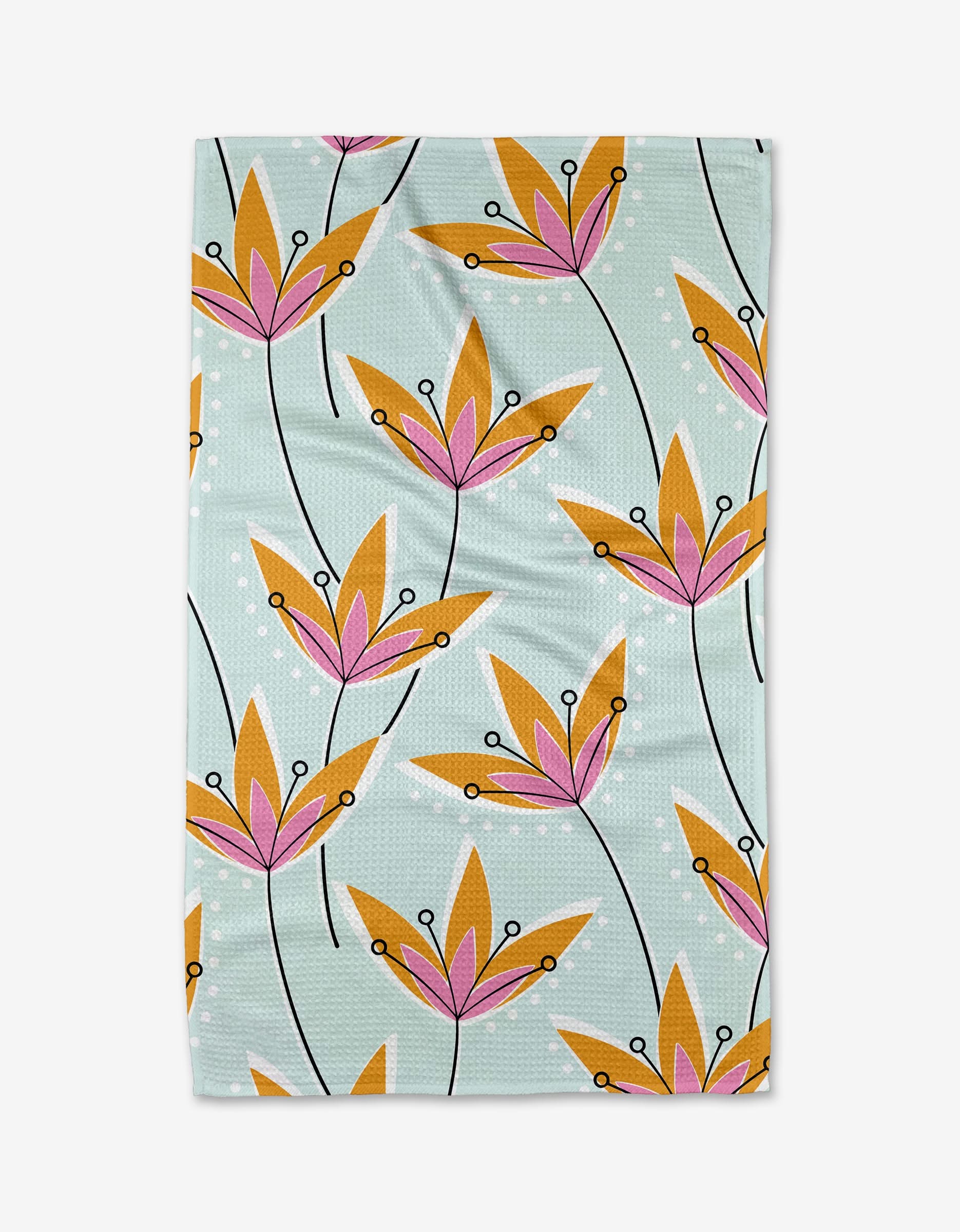 The Retro Floral tea towel by Julianne Haness is made from recycled materials, featuring a light blue background with a repeating pattern of stylized orange and pink flowers, black stems, and scattered white dots.