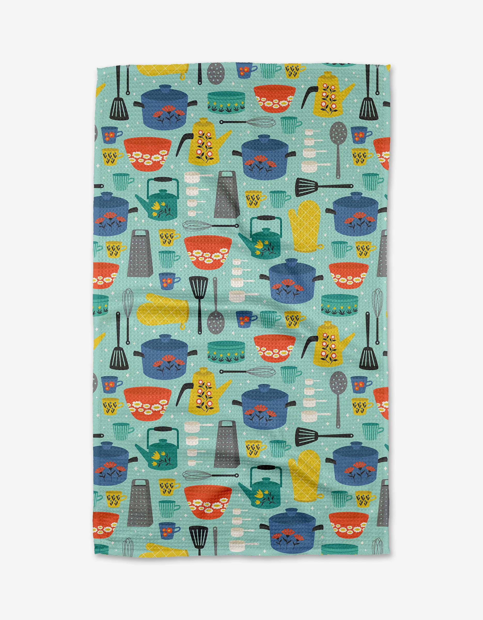 The Megan Kampa Retro Kitchen Tea Towel features Geoweave fabric and a playful teal design with pots, pans, bowls, whisks, and graters in red, blue, yellow, and gray—ideal for brightening your kitchen décor.