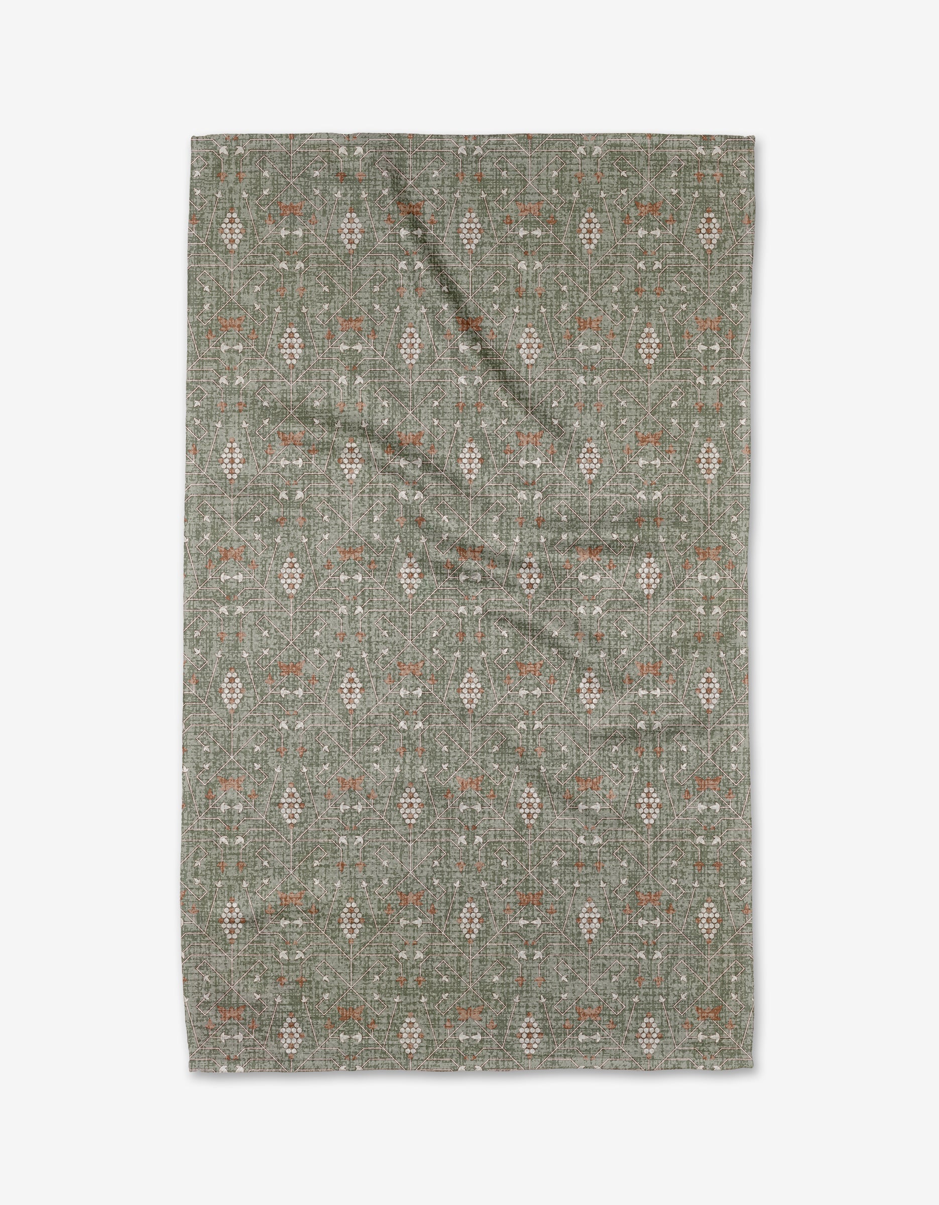 The Rulon Sage rug by Becki Owens is a rectangular green mat made from ultra-absorbent Geoweave fabric, featuring subtle cream and rust geometric and floral patterns, displayed flat on a white background.