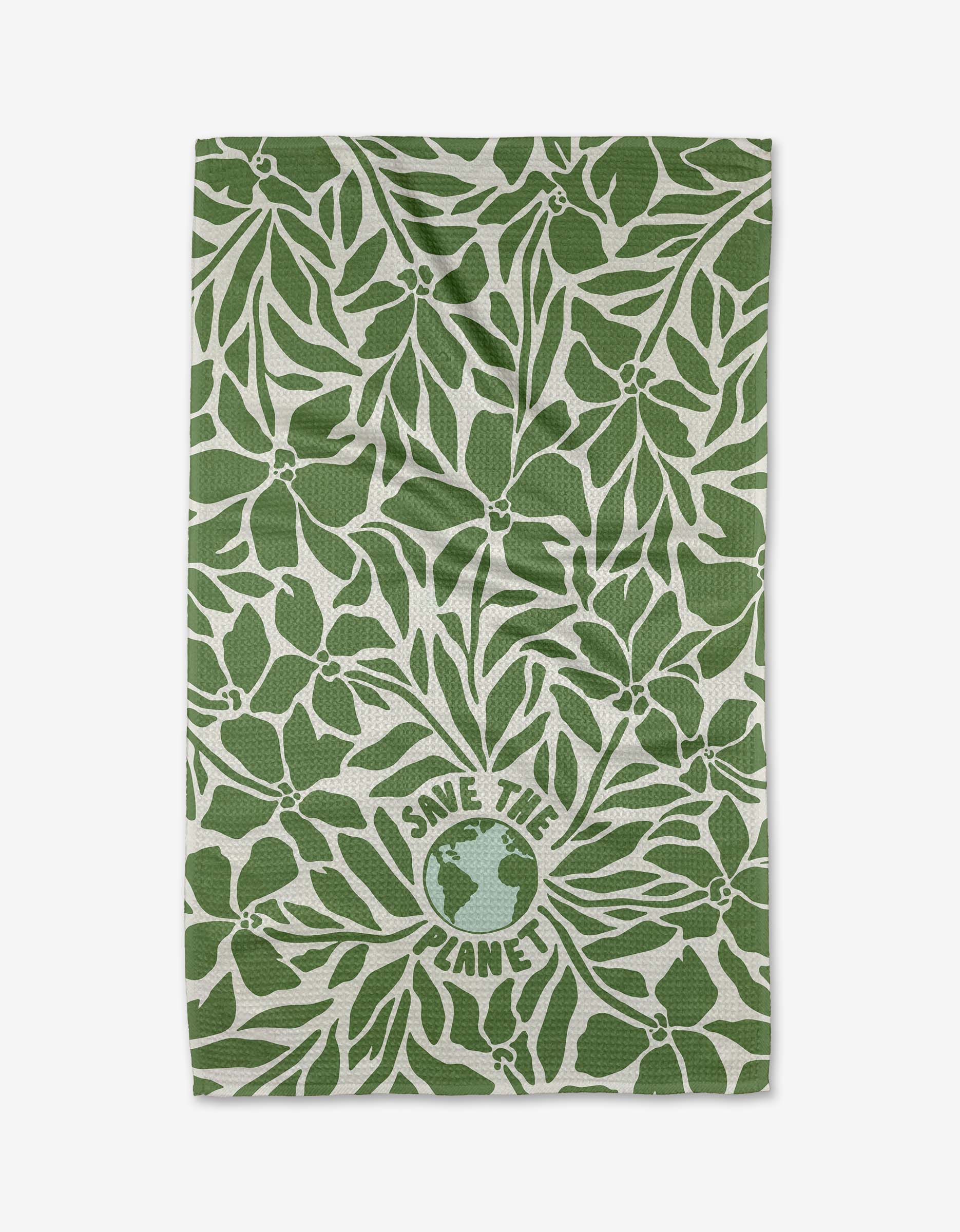 The Save the Planet Tea Towel by Sweet Simple Vegan features leafy green and white designs with an Earth illustration and “SAVE THE PLANET” text, crafted from eco-friendly recycled materials.