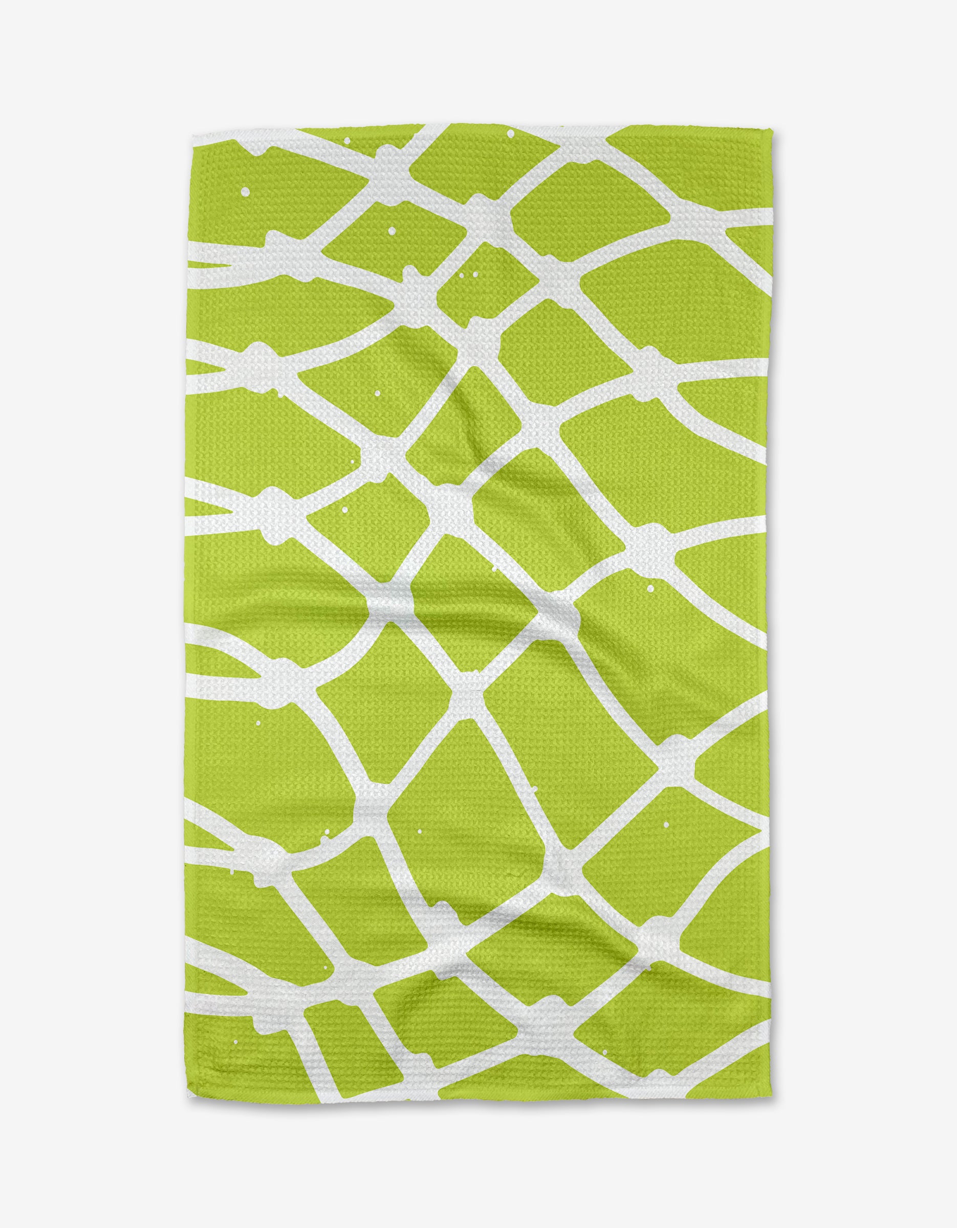The Splash towel by Sissy Moon features a green color with a white abstract net-like pattern, made from ultra-absorbent Geoweave fabric, and is displayed flat against a white background.