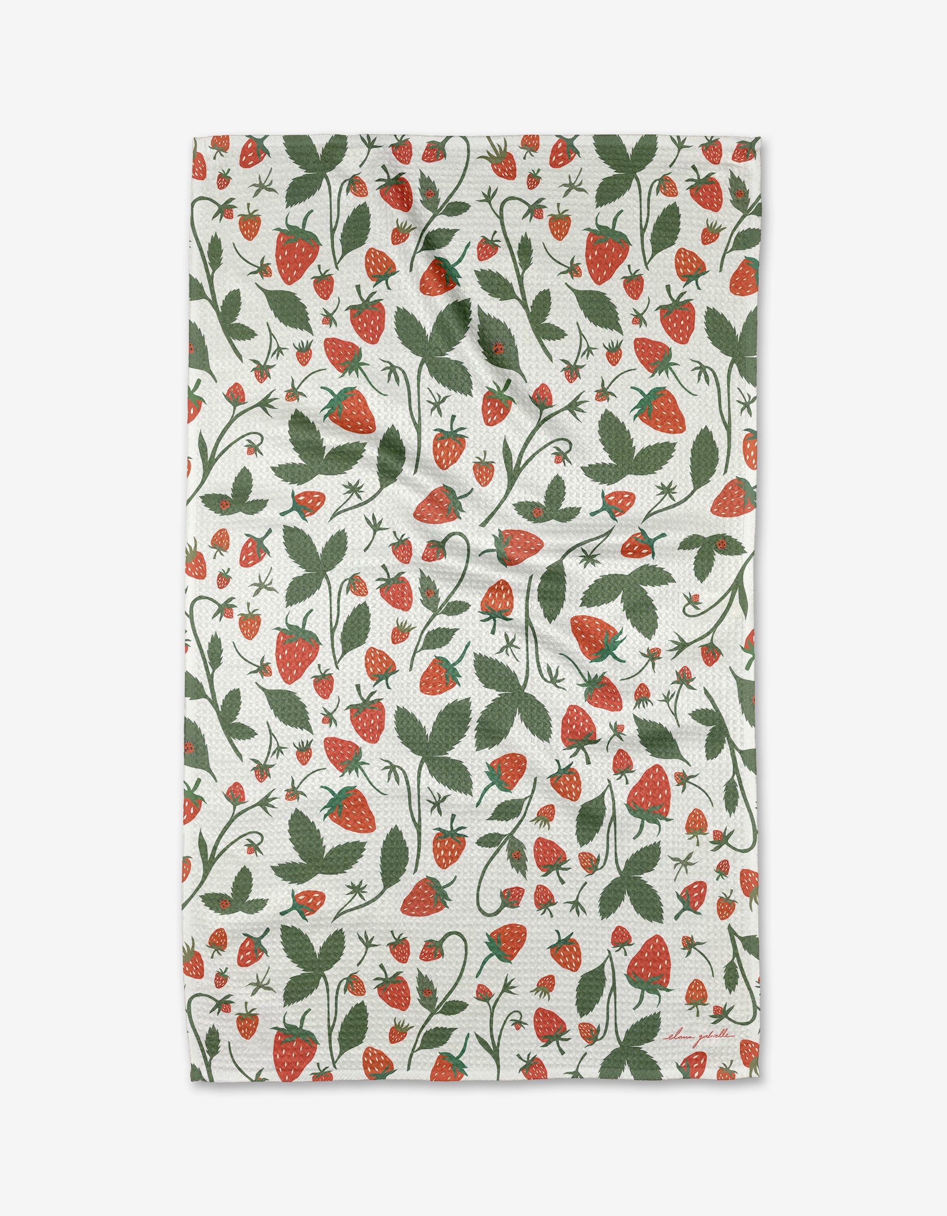 The Strawberries tea towel by Elana Gabrielle features a repeating pattern of red strawberries, green leaves, and vines on white Geoweave™ fabric for enhanced absorbency and style.