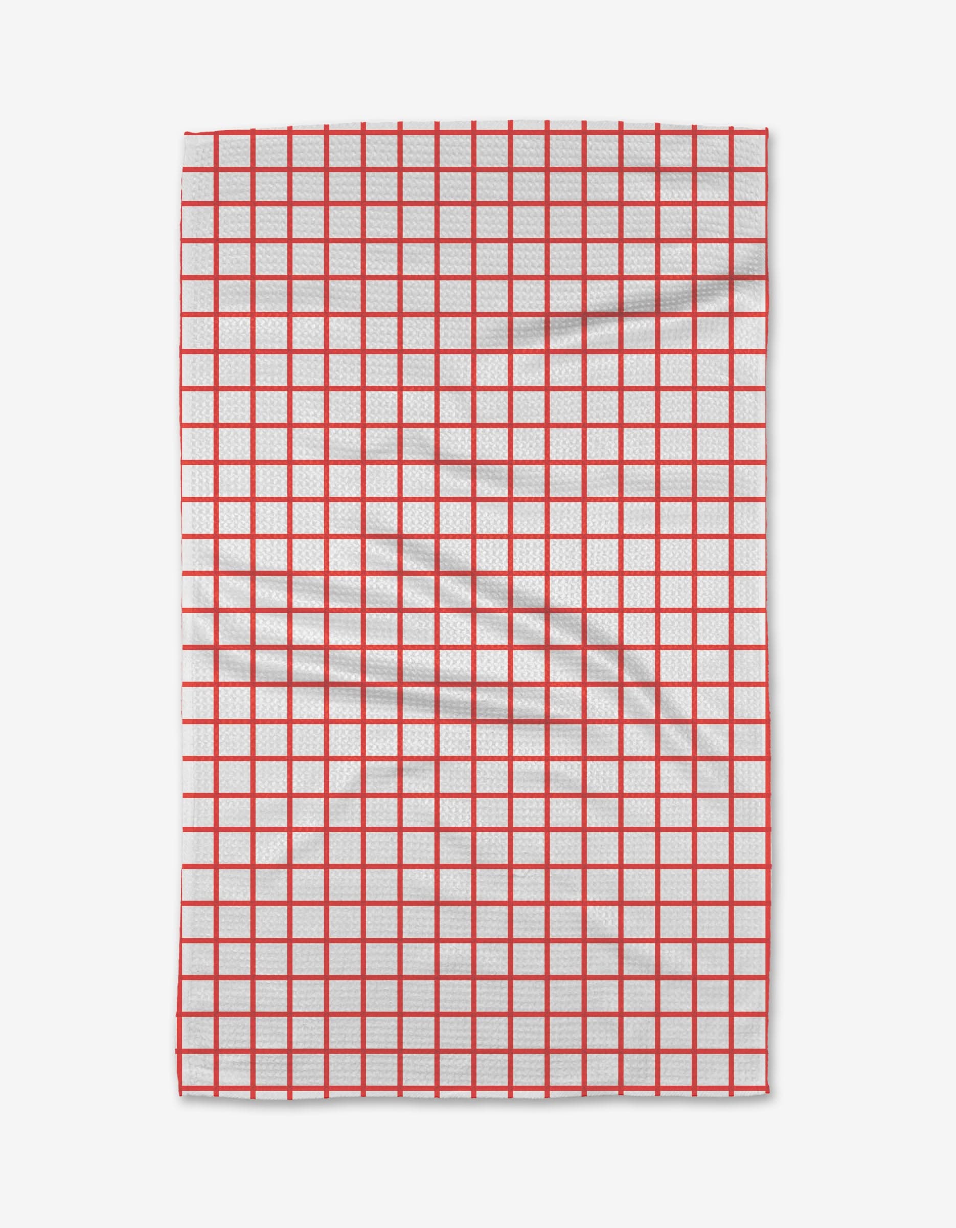 The Kailee Wright Sweet Peppermint is a white tea towel with a red grid pattern and absorbent fabric, shown slightly wrinkled against a plain white background.