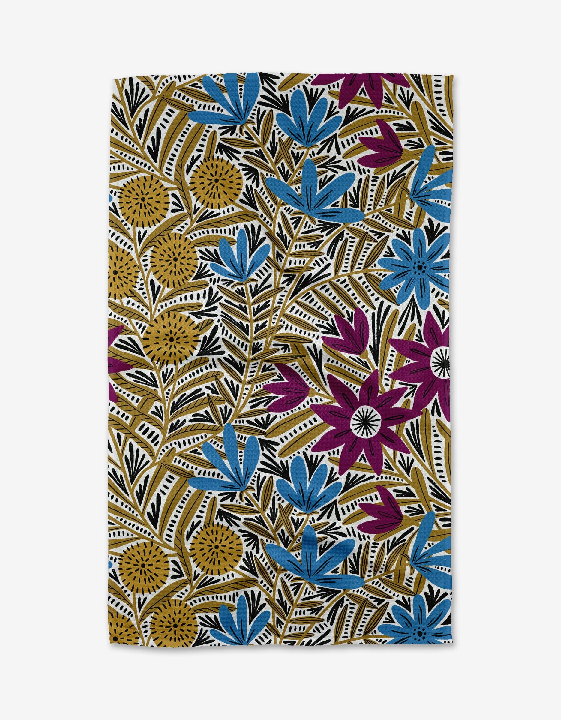 The Teagan Dark Maroon tea towel by Amy MacCready is made from Geoweave™ fabric and features a botanical pattern with blue, mustard yellow, and magenta flowers, black and white leafy branches on a crisp white background.