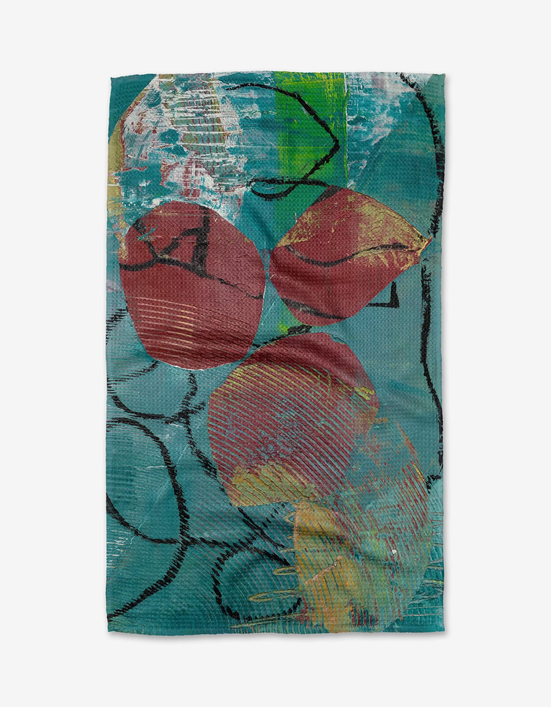 The Apple Doesnt Fall Far From the Tree by Katherine Berkeley showcases abstract red and orange circles on a teal-blue Geoweave fabric, accented with bold black curves and textured paint effects.