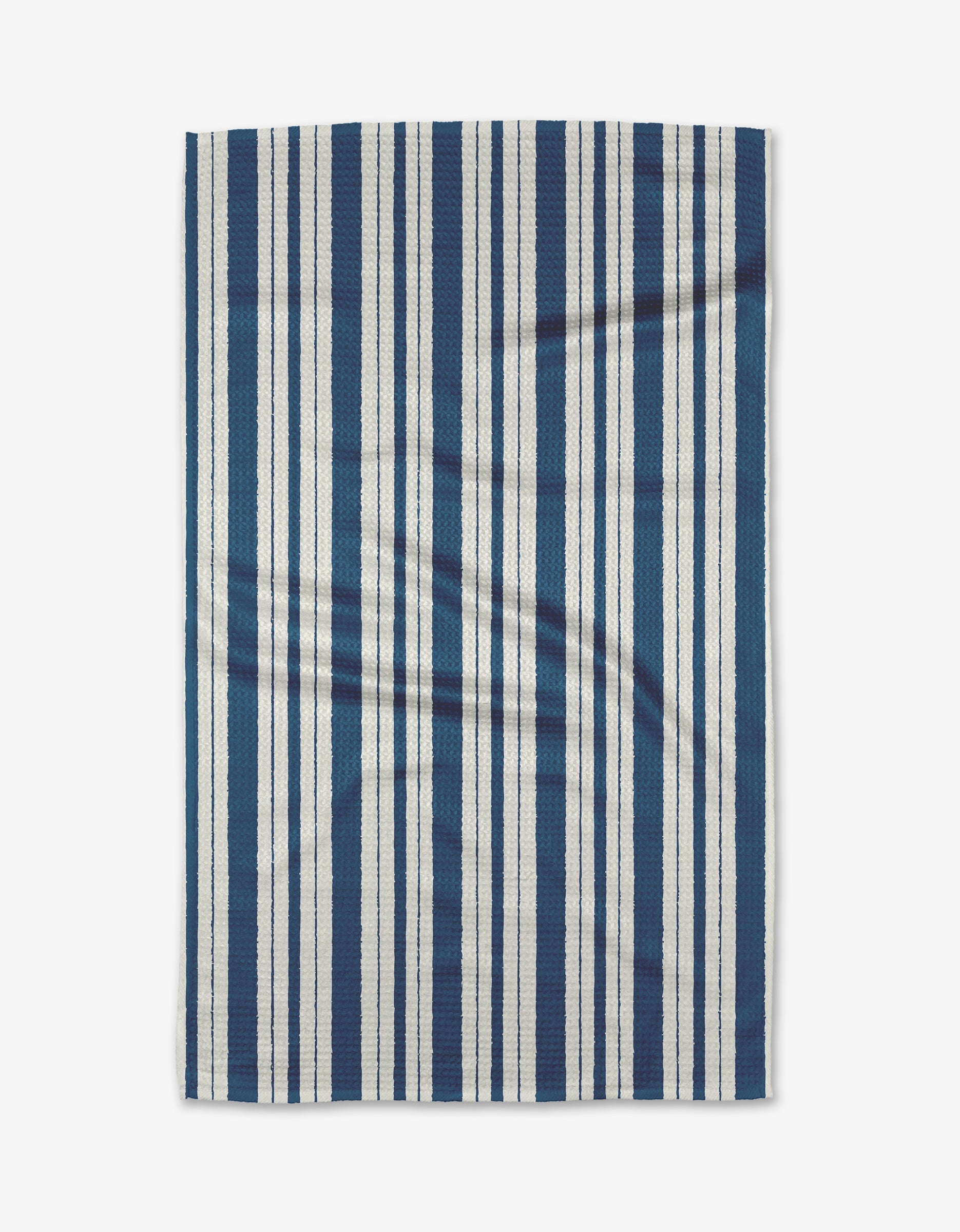 The Ashley Celena Trails of Promise tea towel is rectangular, made from ultra-absorbent Geoweave fabric, and features alternating vertical blue and white stripes, shown flat on a white background.