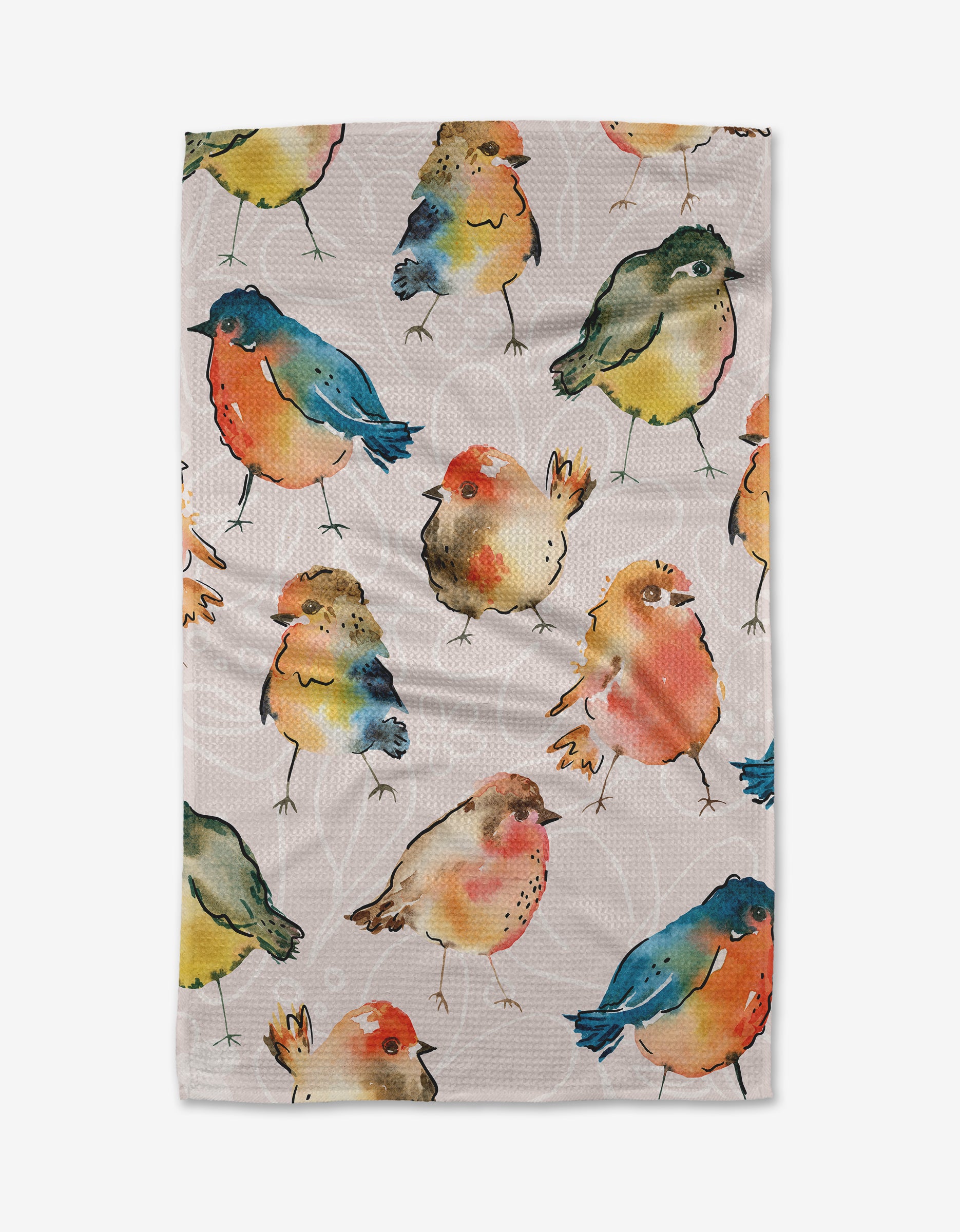 The “Tweet Tweet” towel by Sara Mari features ultra-absorbent Geoweave fabric and displays colorful watercolor birds in blue, orange, green, and yellow on a light background.