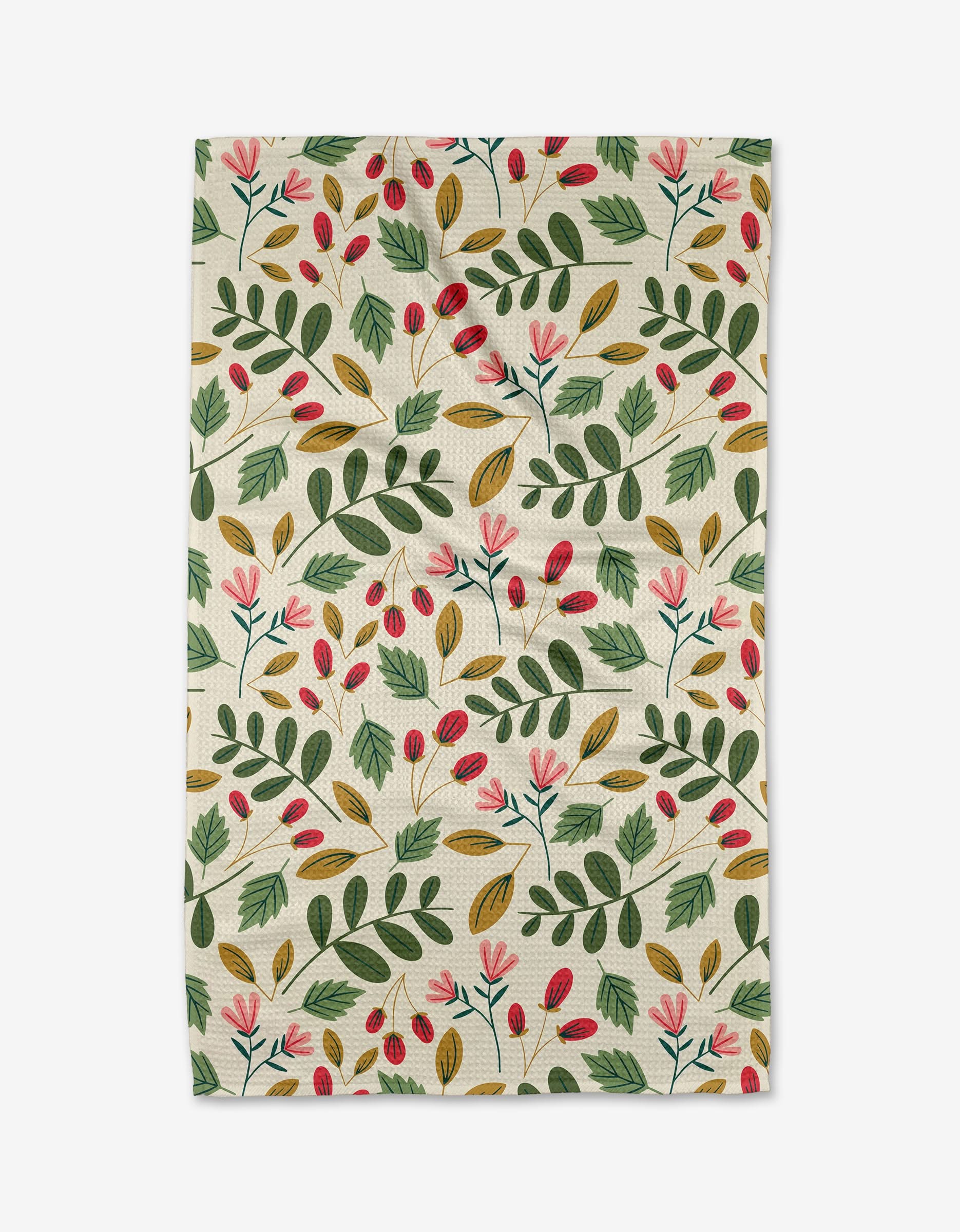 The Under the Mistletoe tea towel by Rebecca Woolbright features a colorful botanical print with green leaves and pink, red, and yellow flowers on light beige, made from quick-drying recycled materials for eco-friendly use.
