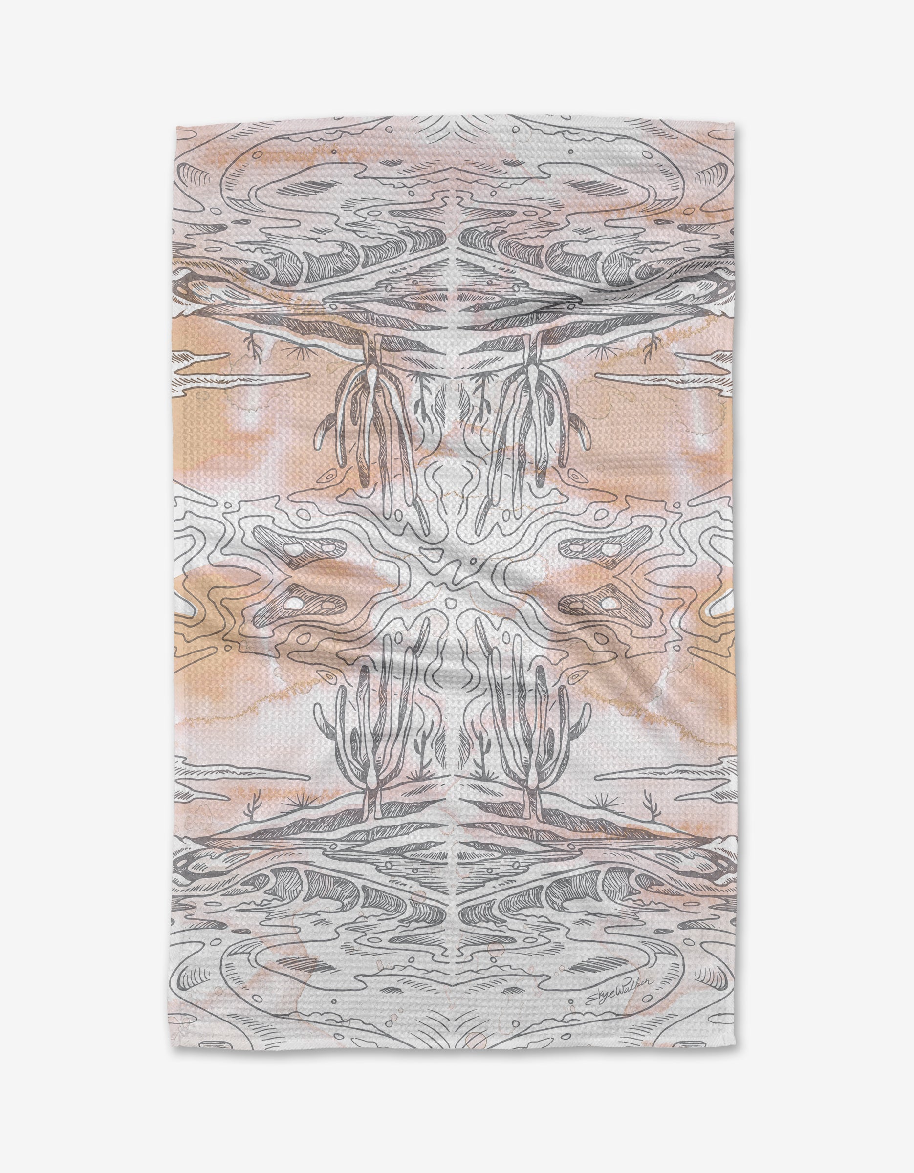 The Waves tea towel by Skye Walker is crafted from recycled materials and features a mirrored desert scene with cacti, rocks, and swirling lines in beige, brown, and orange for an abstract, symmetrical look.