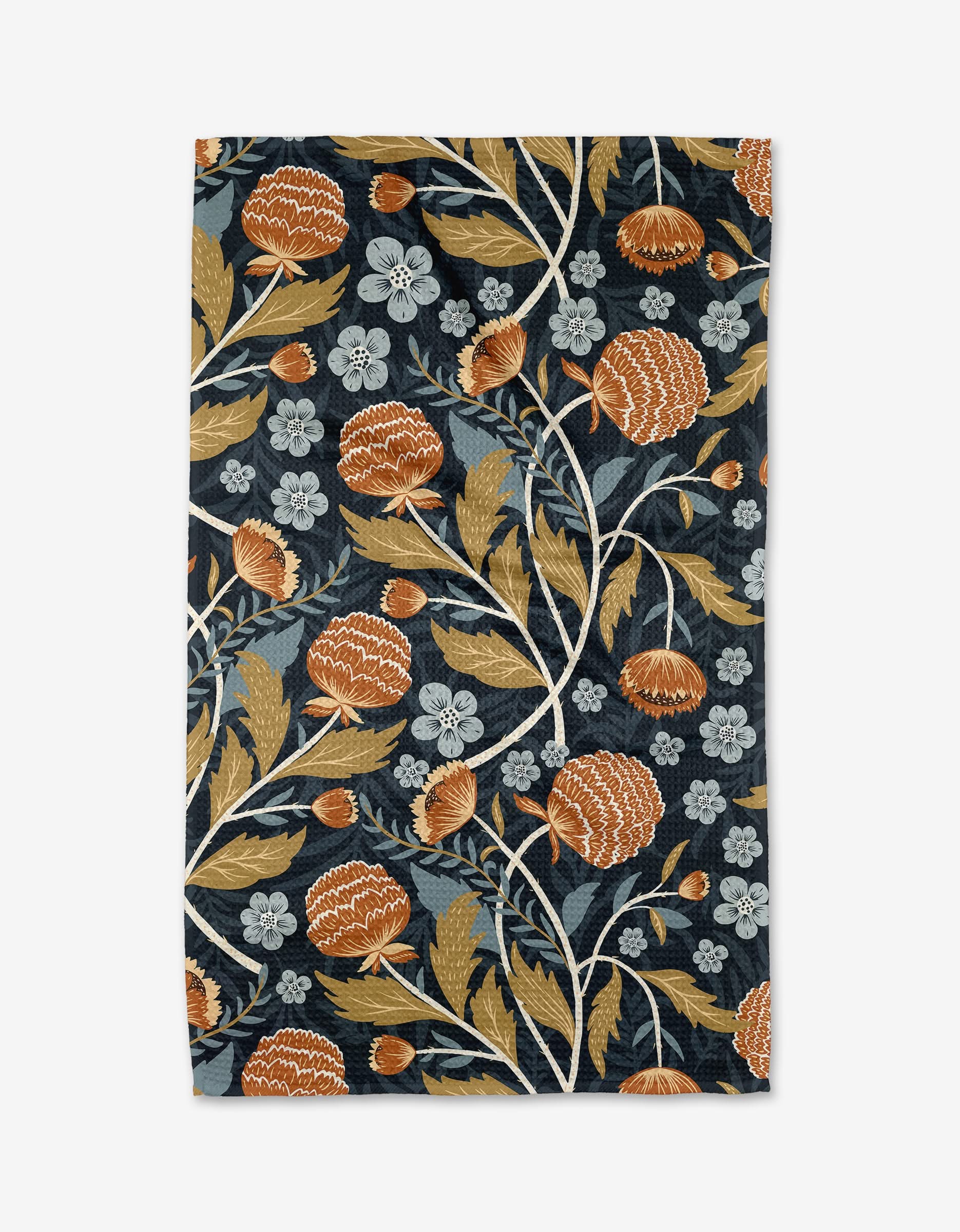 The William by Danelys Sidron is a rectangular textile with a dark blue background and an intricate orange, beige, and light blue floral pattern—crafted from ultra-absorbent Geoweave fabric for both style and functionality.