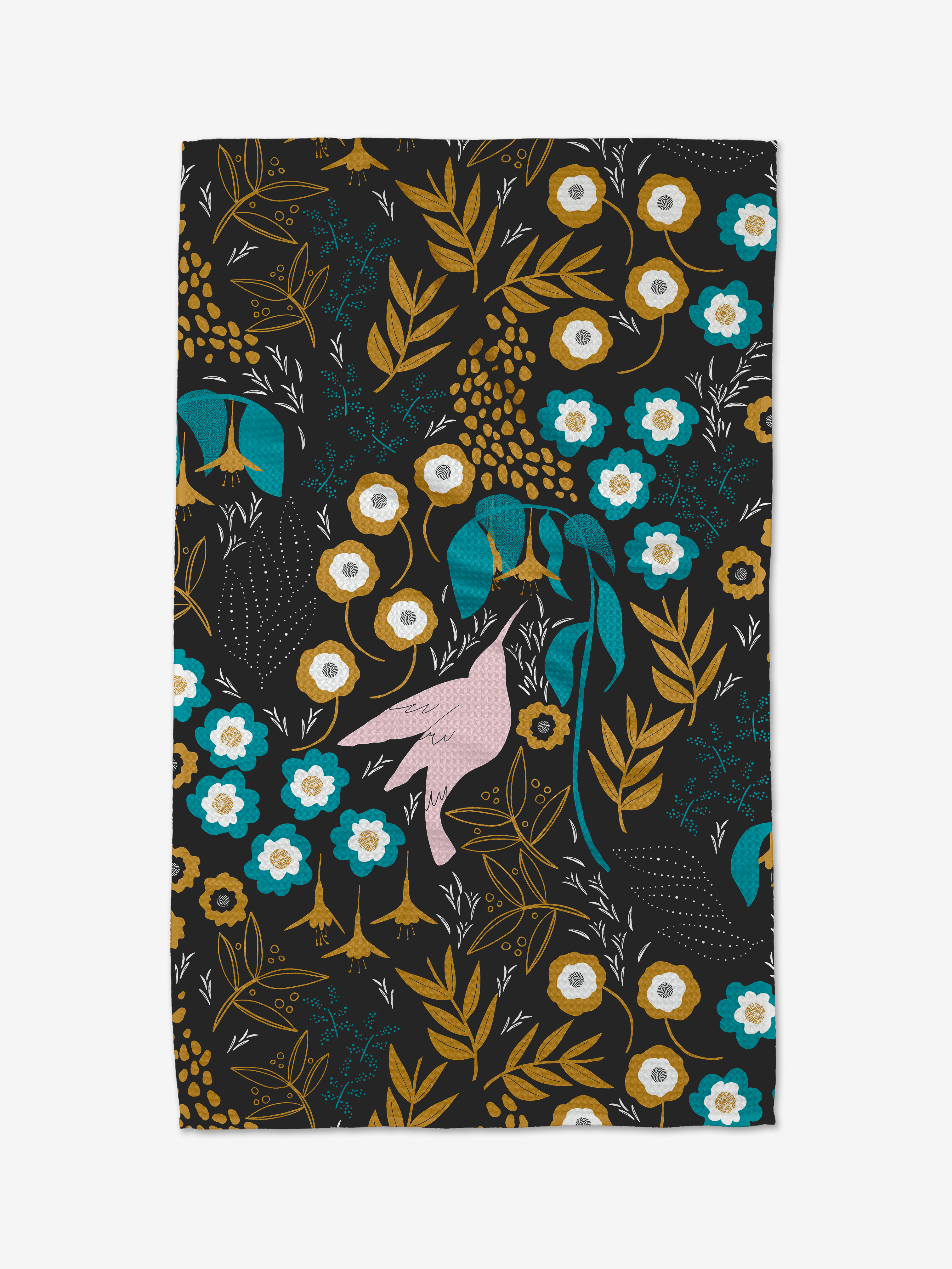 The Hummingbird Petals Tea Towel by Julianne Haness features white and yellow flowers, blue leaves, and brown stems on black Geoweave™ fabric with a pink abstract hand among the botanicals.