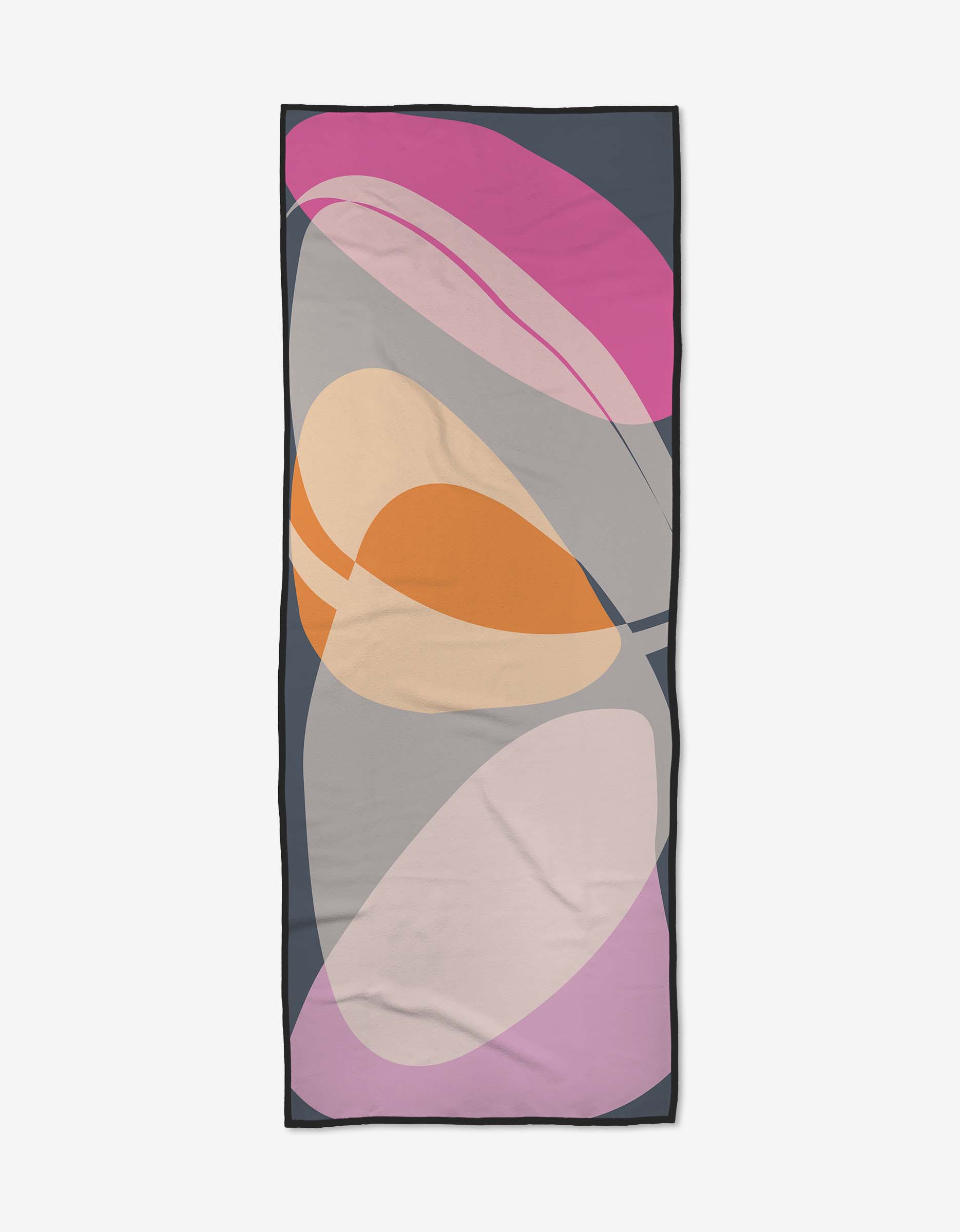 The GEOMETRY Zen Summer yoga towel is rectangular, slip-resistant, and crafted from recycled materials. It showcases an abstract pattern of overlapping shapes in pink, purple, orange, beige, and gray on a dark gray background.